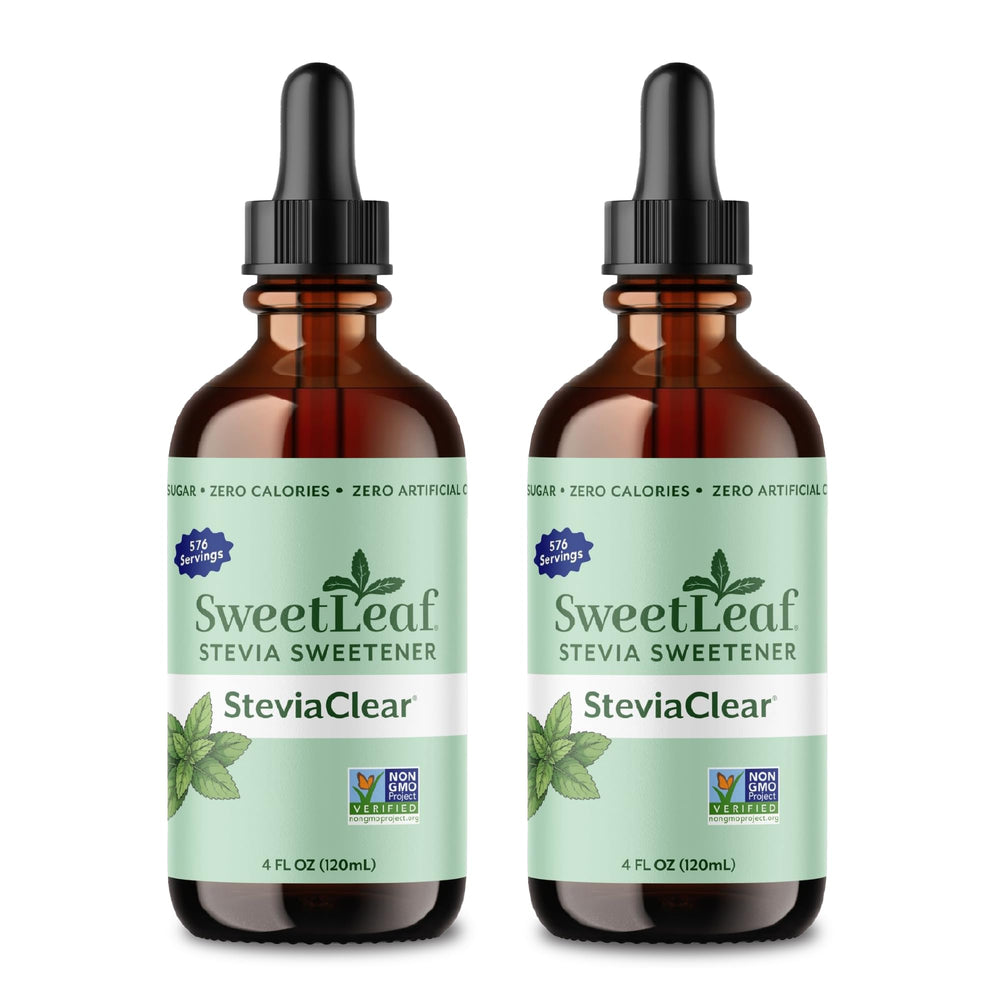 SweetLeaf SteviaClear front packaging showing two 4 fl oz bottles and branding benefit