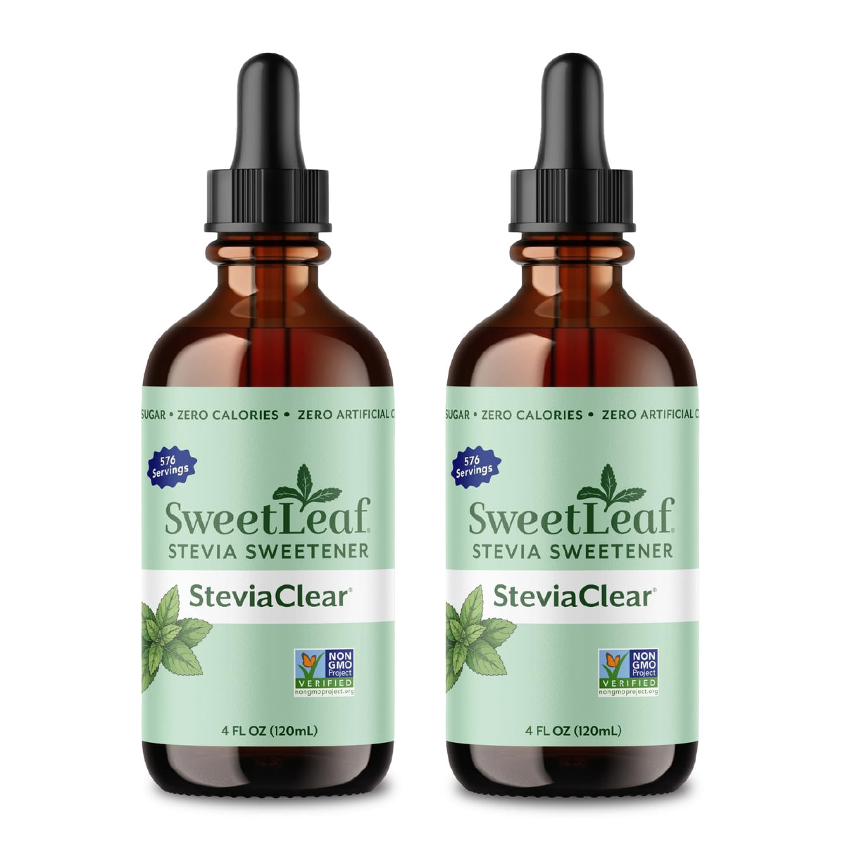 SweetLeaf SteviaClear front packaging showing two 4 fl oz bottles and branding benefit