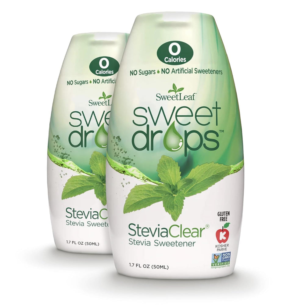 SweetLeaf SteviaClear front packaging showing twin 1.7 fl oz bottles and convenience