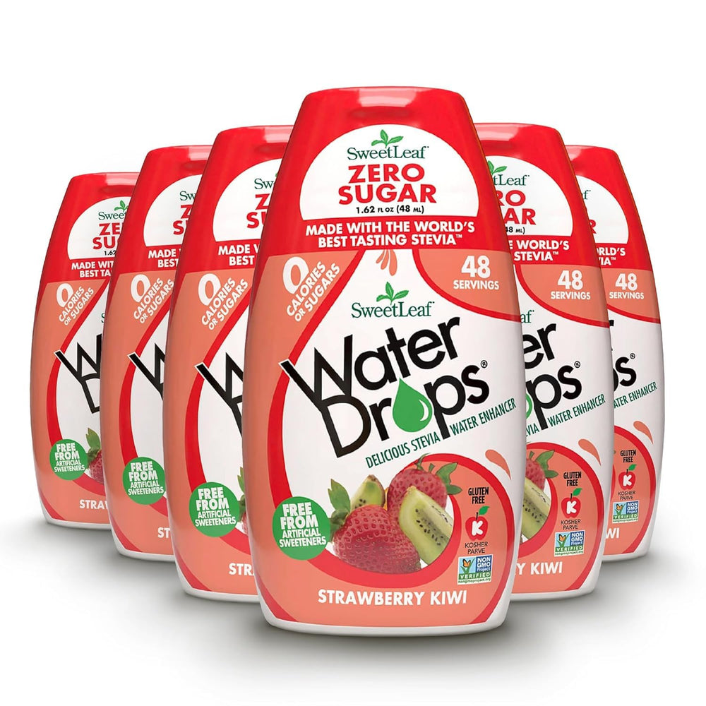 SweetLeaf front packaging showing six strawberry kiwi bottles and clear branding, convenient for travel