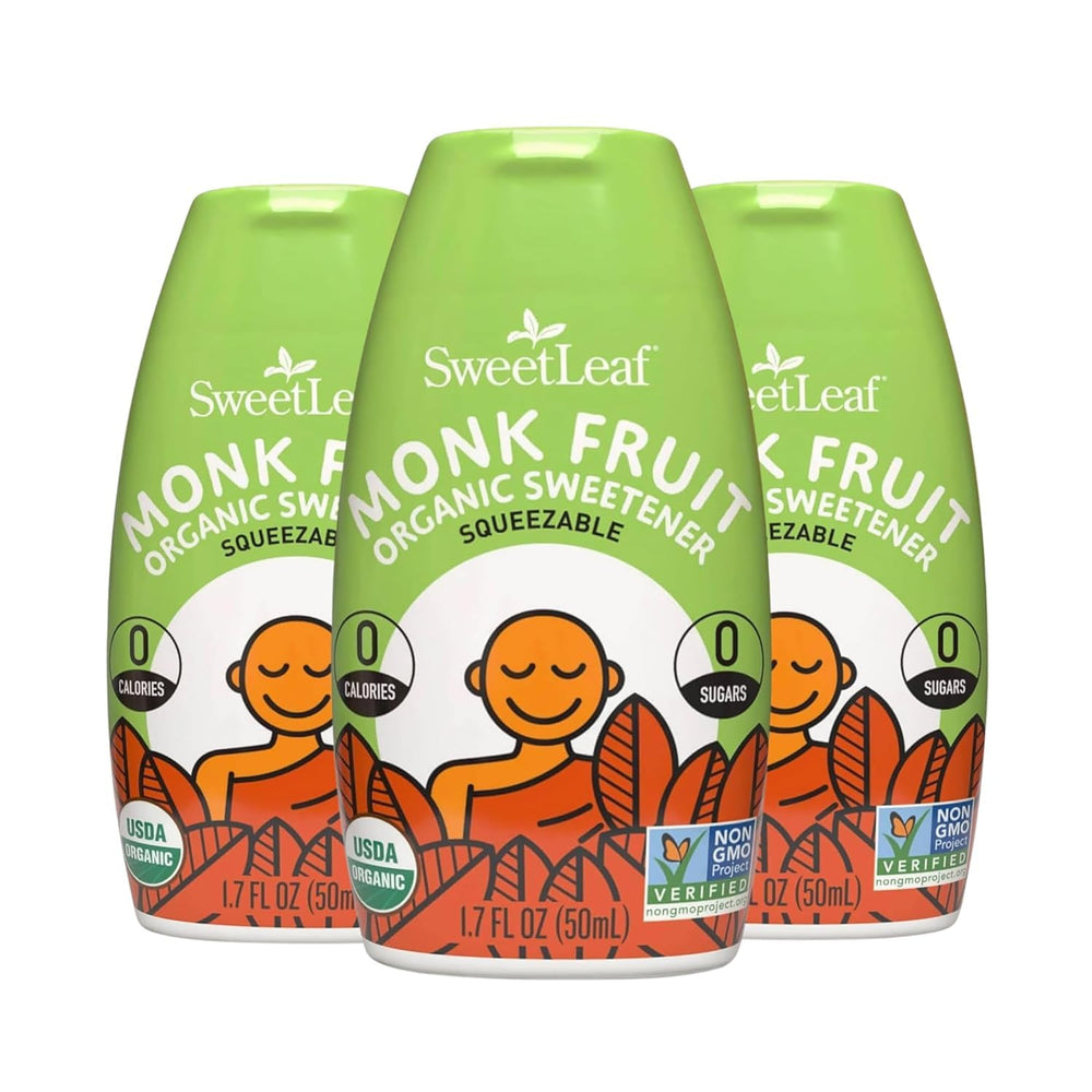 SweetLeaf front packaging showing unflavored monk fruit drops and key benefits