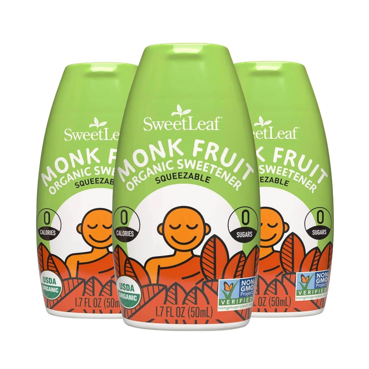 SweetLeaf front packaging showing unflavored monk fruit drops and key benefits