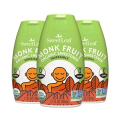 SweetLeaf front packaging showing unflavored monk fruit drops and key benefits