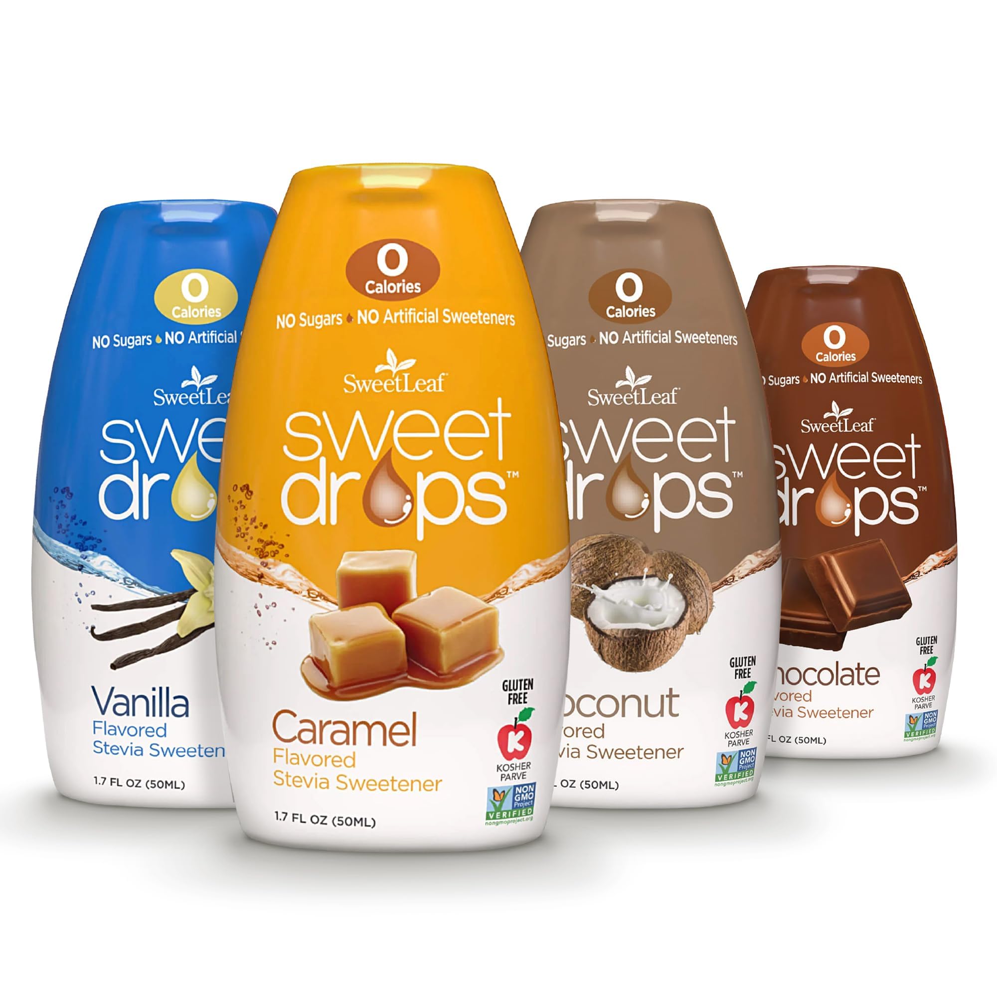 SweetLeaf variety pack front view showing four flavored bottles and benefits