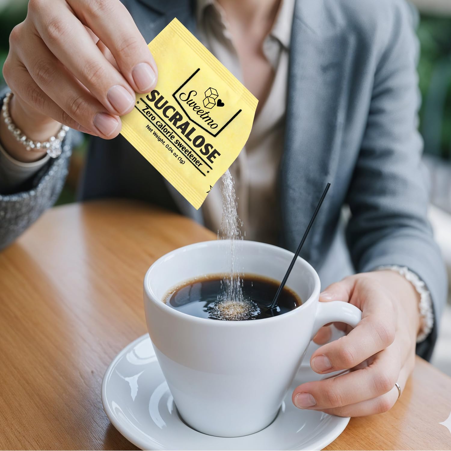 Sweetmo label and ingredients panel visible, clearly communicating sweetener types