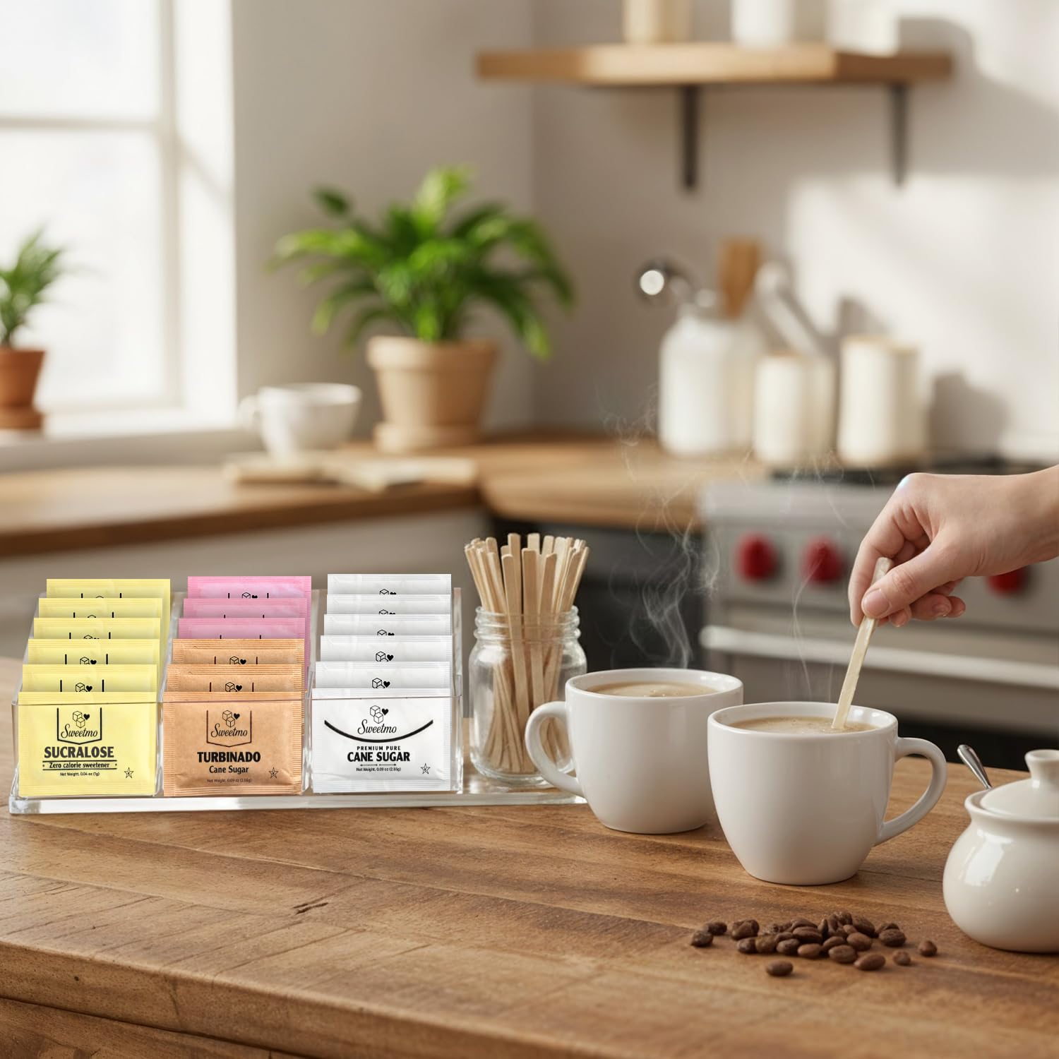 Sweetmo variety pack displayed on a coffee station, ideal for office or Airbnb hospitality