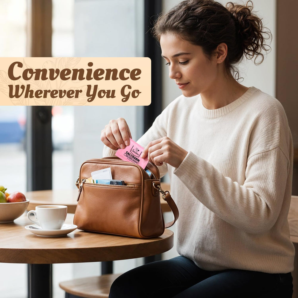 Sweetmo packet beside coffee cup being poured, demonstrating quick on-the-spot sweetening