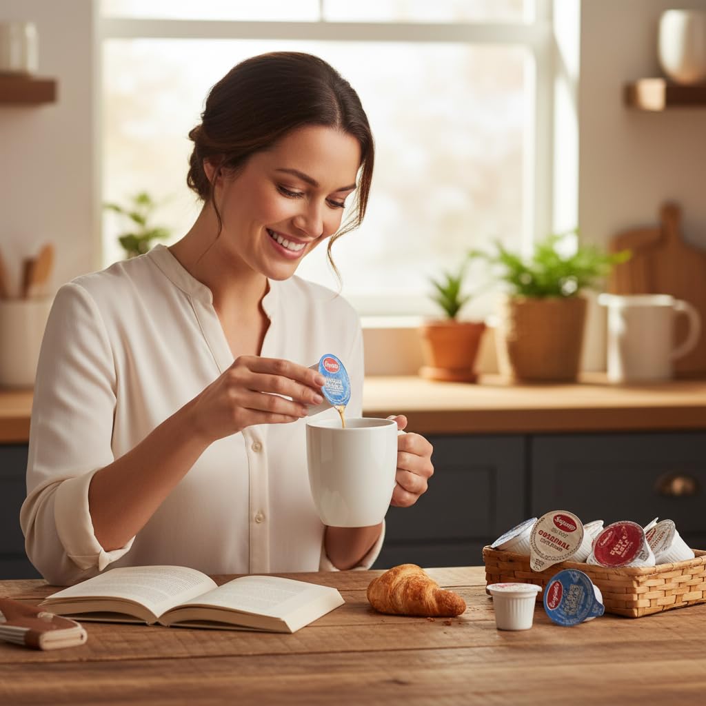 Sweetmo single creamer cup open beside a mug illustrating quick, mess-free pouring
