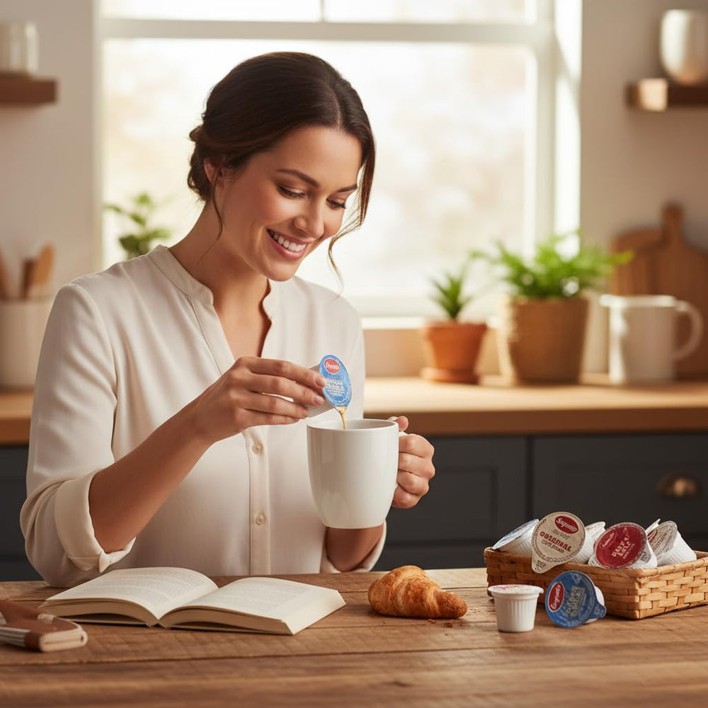 Sweetmo single creamer cup open beside a mug illustrating quick, mess-free pouring