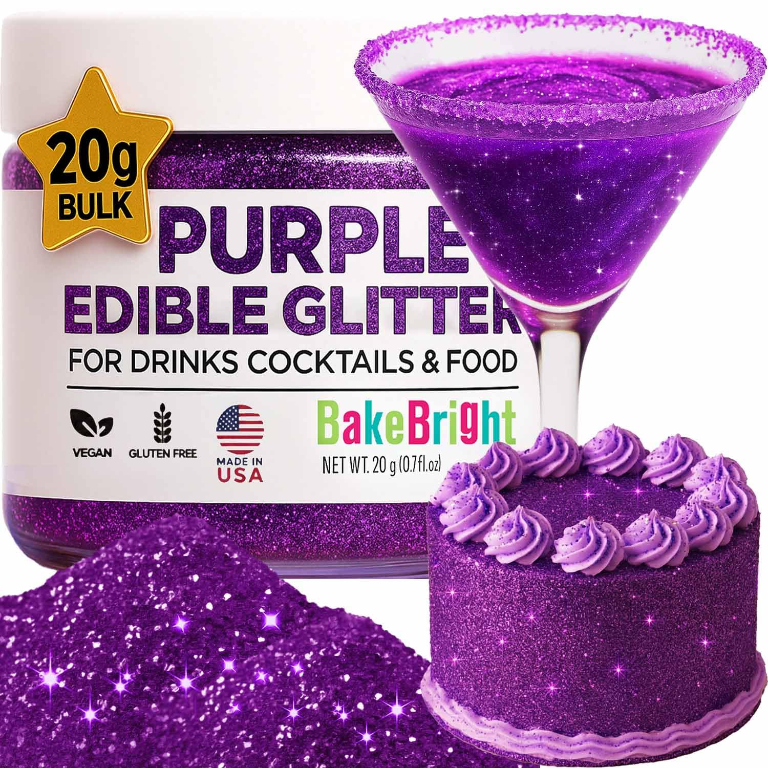 Sweets & Treats Boutique jar front showing purple edible glitter and benefits