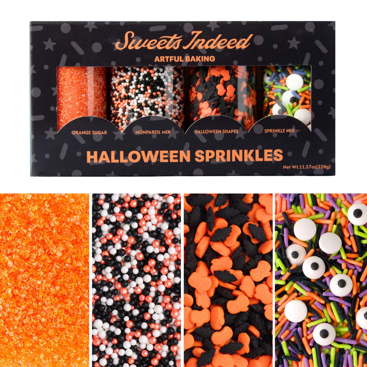 Sweets Indeed front packaging showing four colorful sprinkle jars and clear benefits