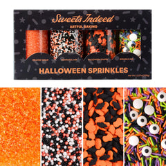 Sweets Indeed front packaging showing four colorful sprinkle jars and clear benefits
