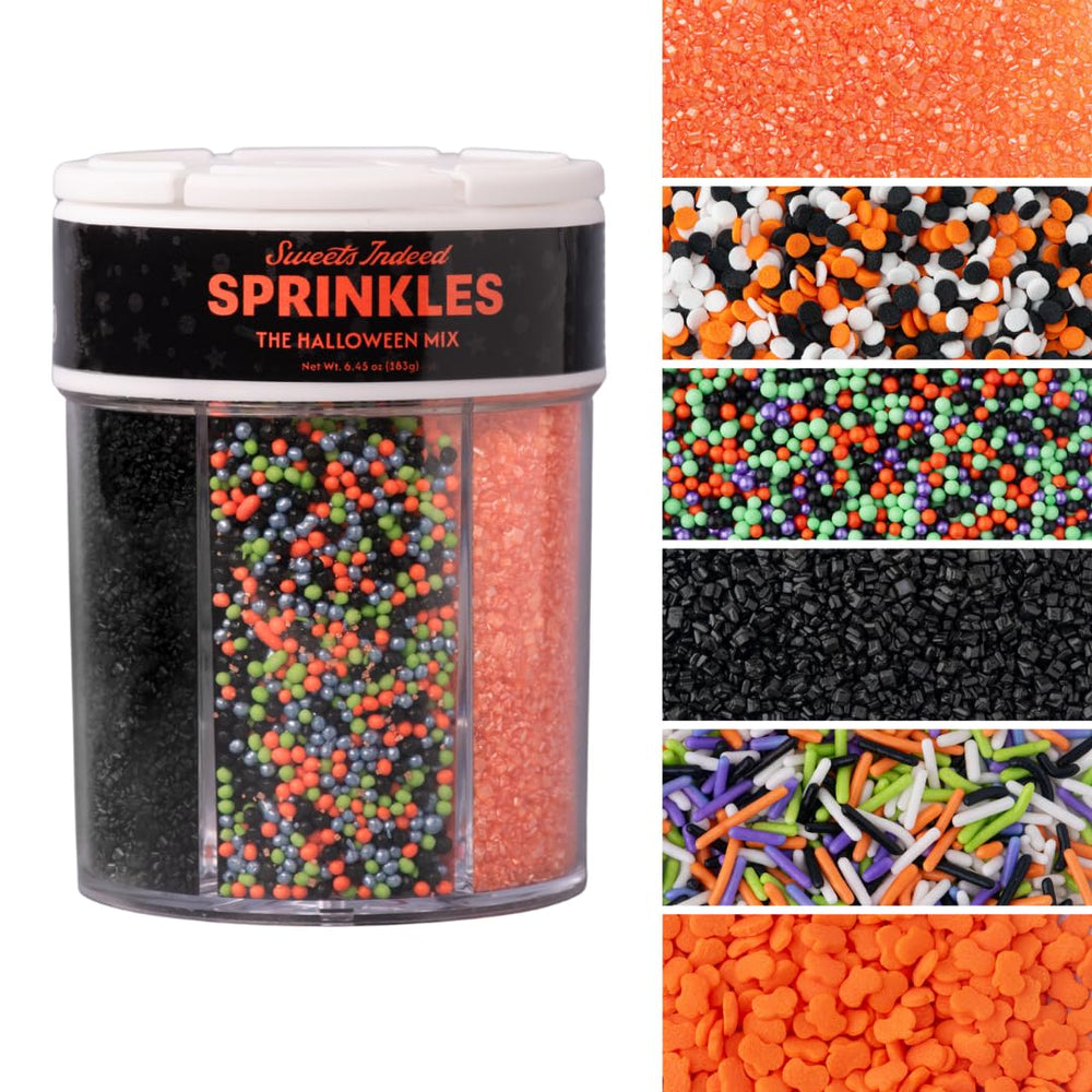 Sweets Indeed jar front view shows six Halloween sprinkle compartments and lid convenience