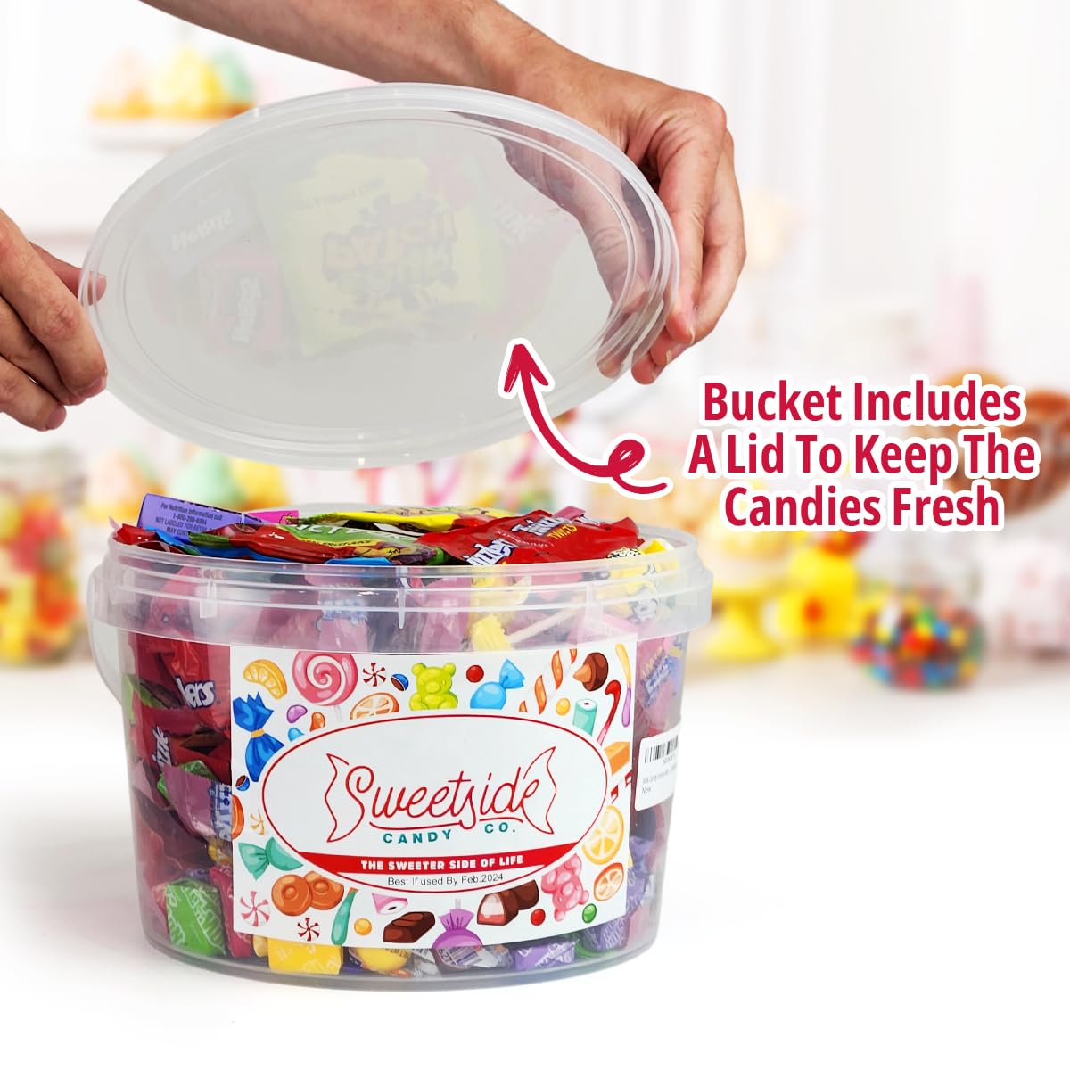 SWEETSIDE CANDY CO. bucket opened with visible candies ready for serving at events