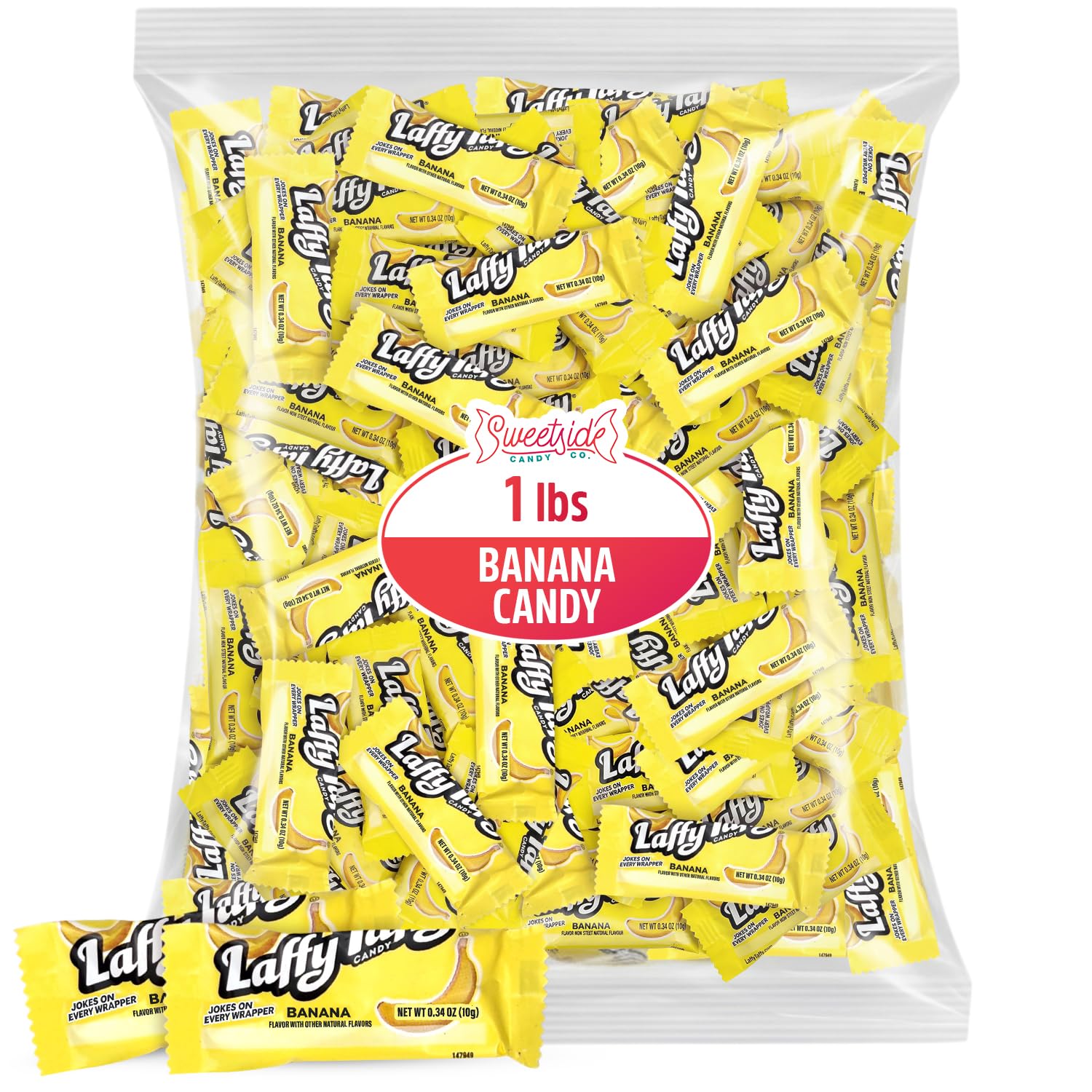 SWEETSIDE CANDY CO. front view of 1 pound resealable bag showing bright yellow packaging and quantity benefit