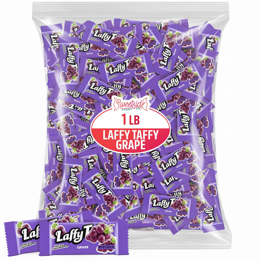 SWEETSIDE CANDY CO. front packaging showing 1 lb bulk grape taffy, convenient and colorful