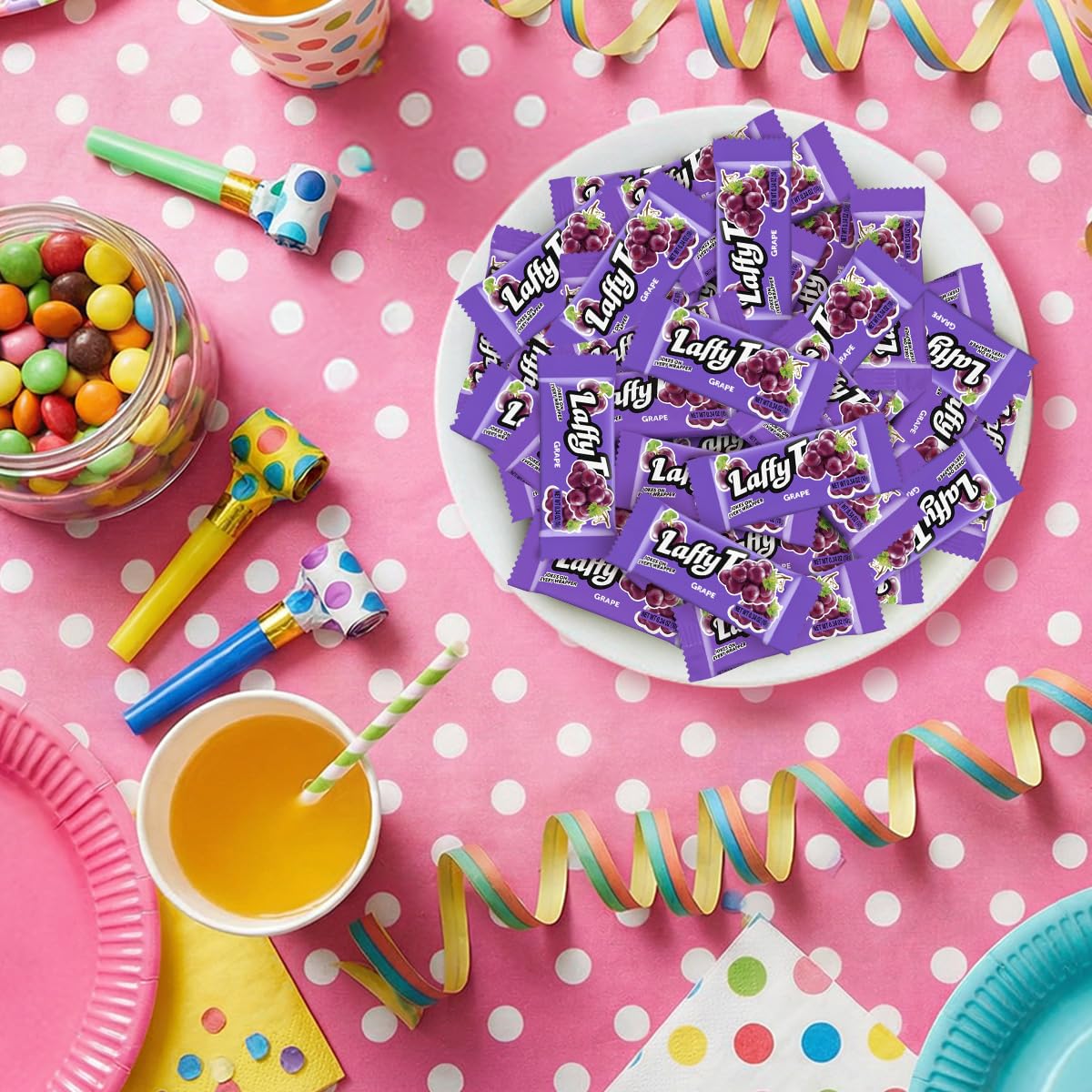SWEETSIDE CANDY CO. party table with taffies in favor bags, colorful event-ready sweets
