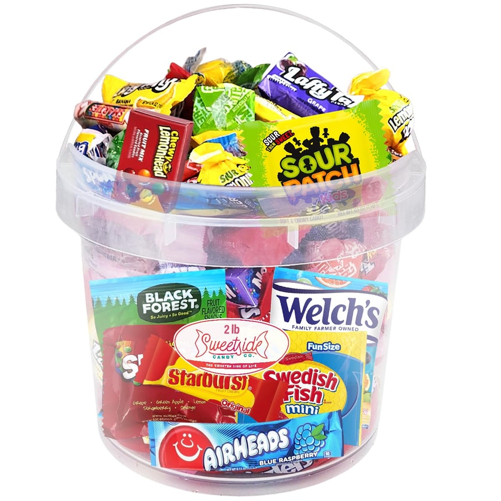 SWEETSIDE CANDY CO. front packaging showing 2 lb bucket and colorful wrappers for easy gifting