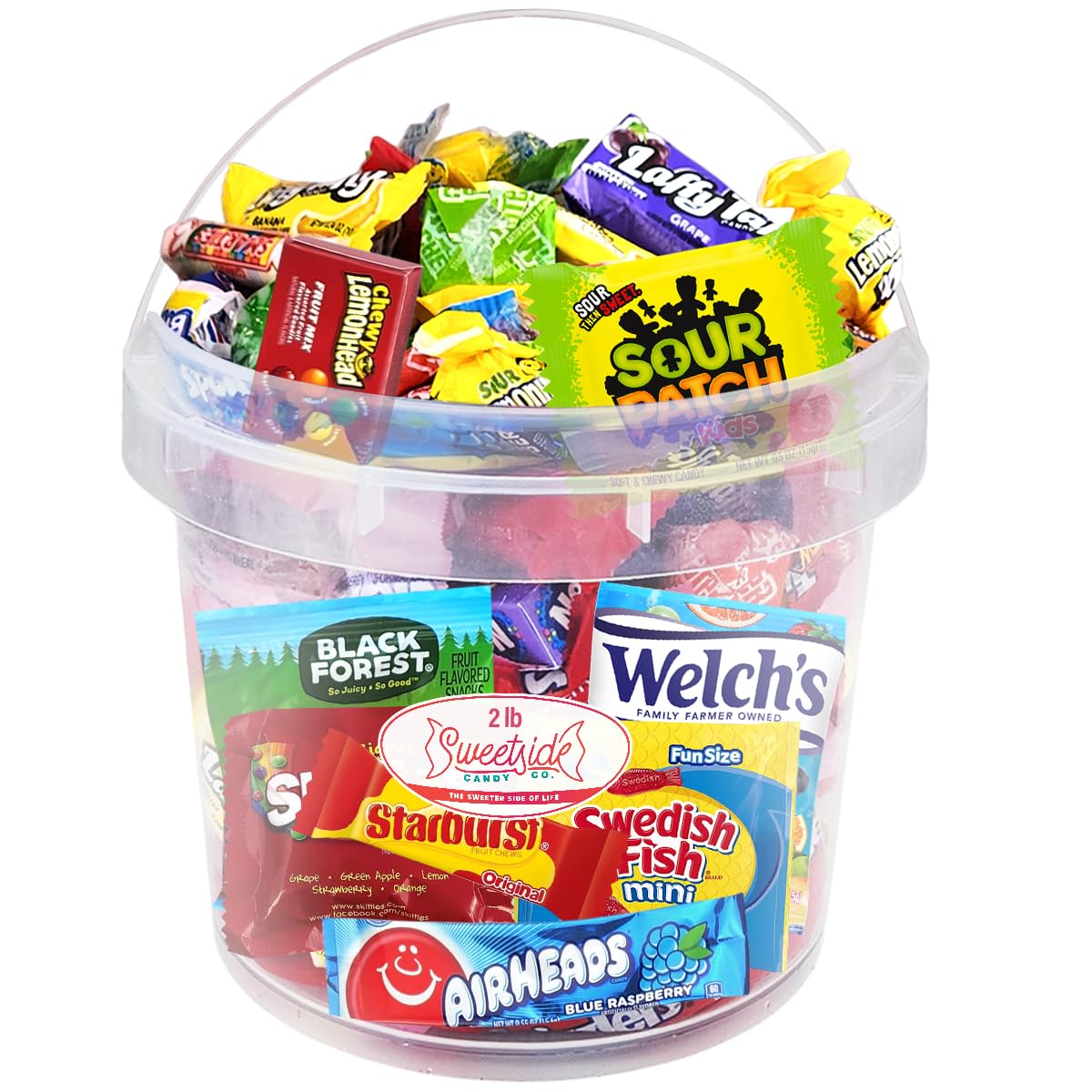 SWEETSIDE CANDY CO. front packaging showing 2 lb bucket and colorful wrappers for easy gifting