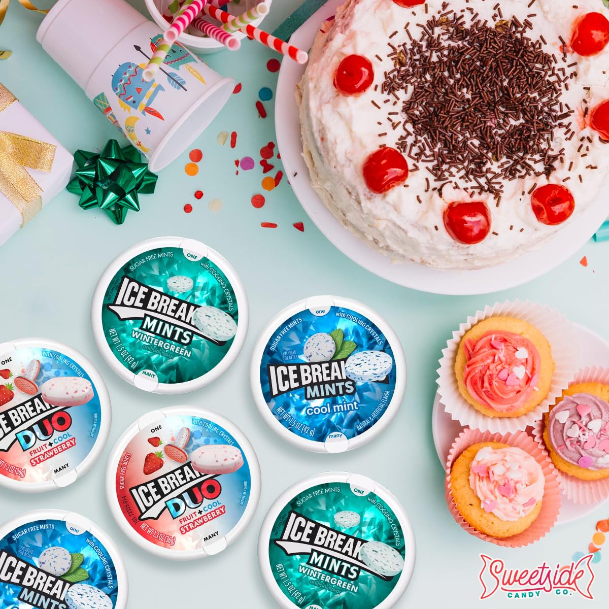 SWEETSIDE CANDY CO. variety pack on desk portraying everyday fresh-breath solution