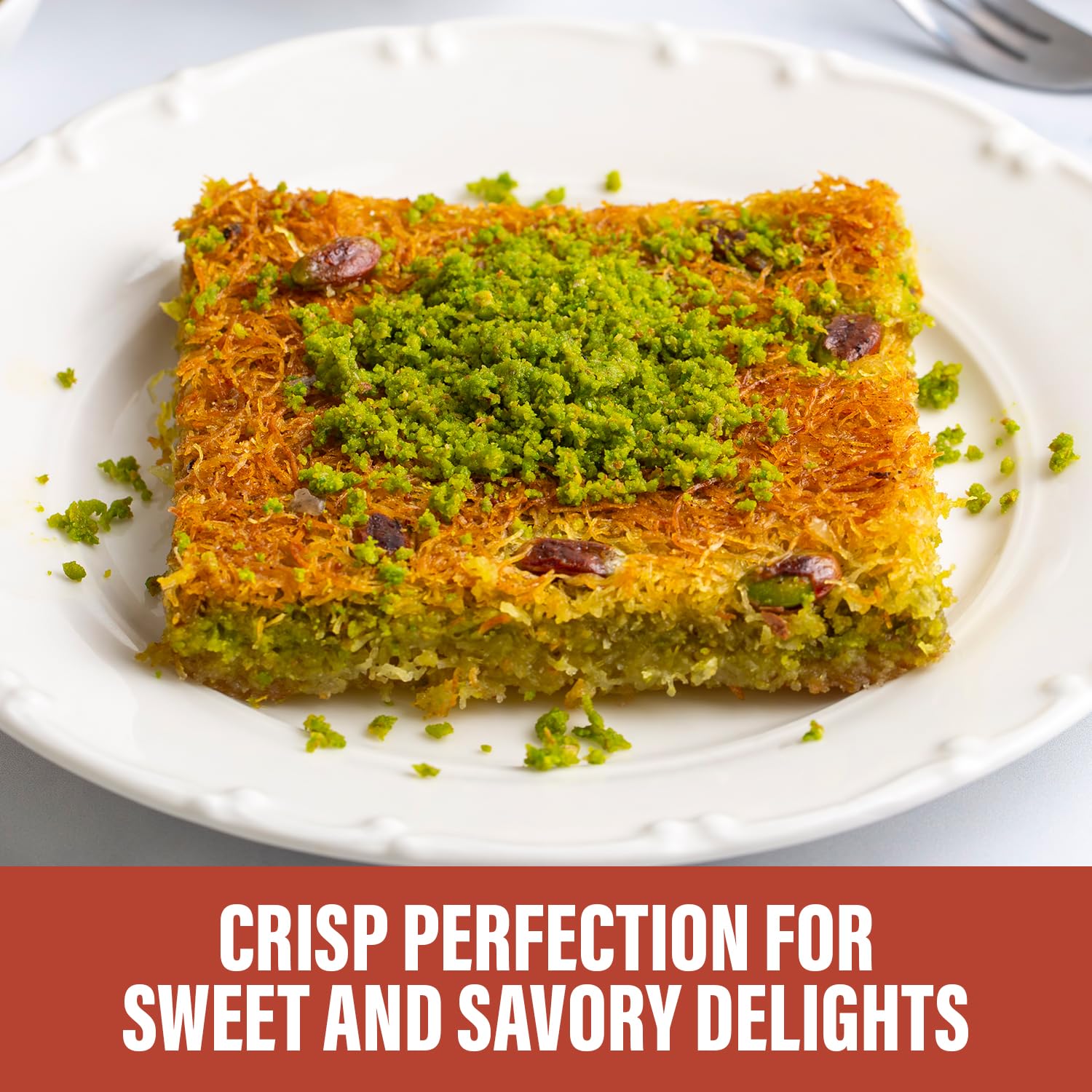 SWEETSIDE CANDY CO. golden baked kunafa plated to show crisp kataifi and syrup absorption