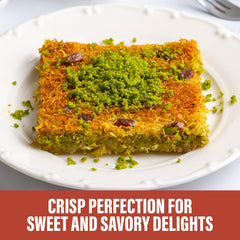 SWEETSIDE CANDY CO. golden baked kunafa plated to show crisp kataifi and syrup absorption