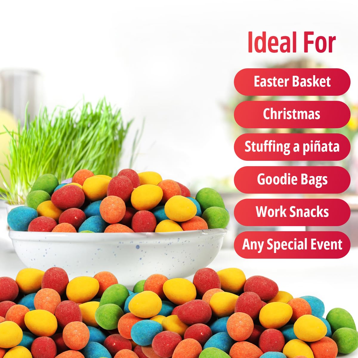 SWEETSIDE CANDY CO. party table scene using mini eggs as colorful dessert accents