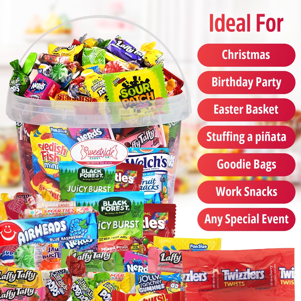 SWEETSIDE CANDY CO. party table with bucket staging for entertaining and convenience