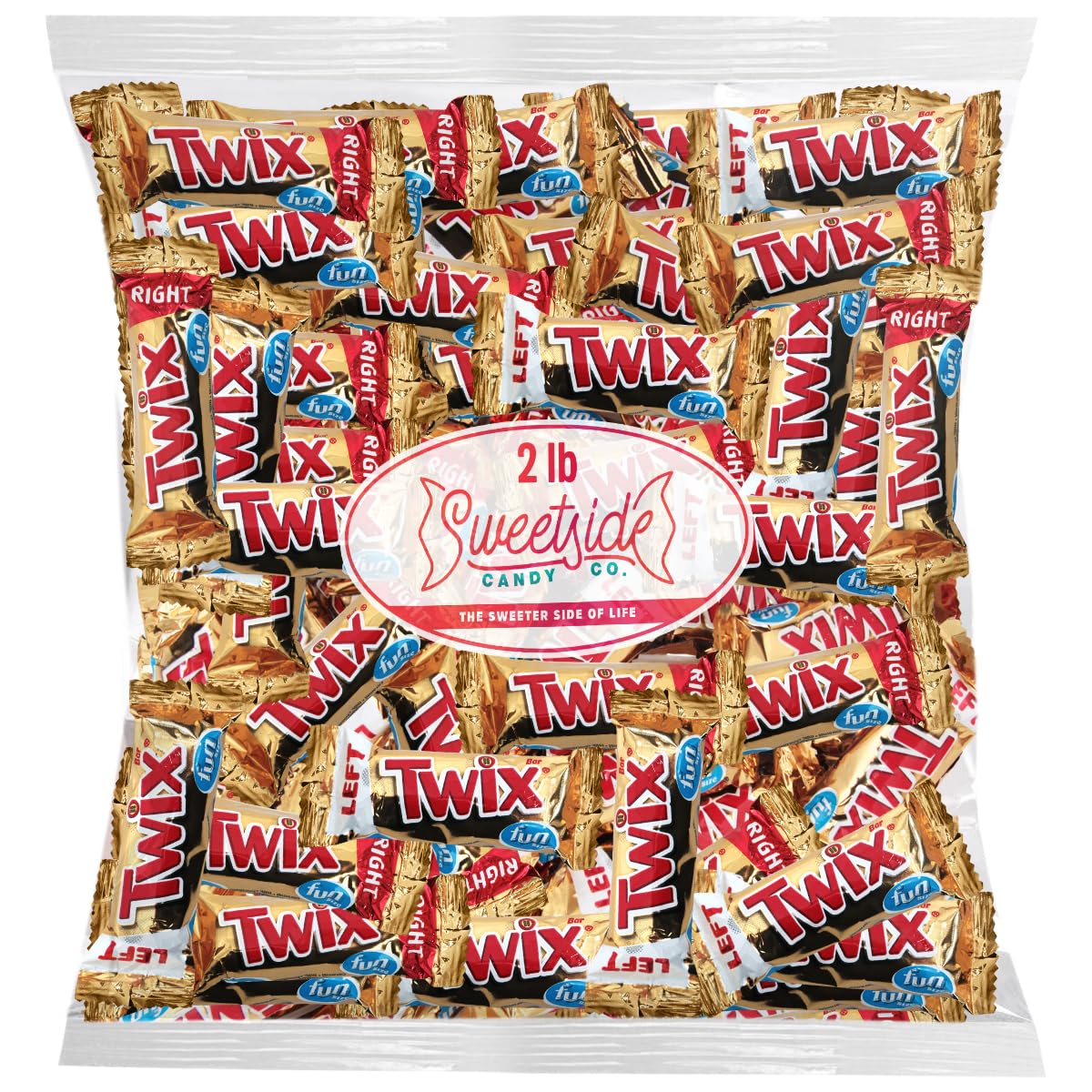 SWEETSIDE CANDY CO. front packaging showing 2 lb bulk Twix for easy stock-up