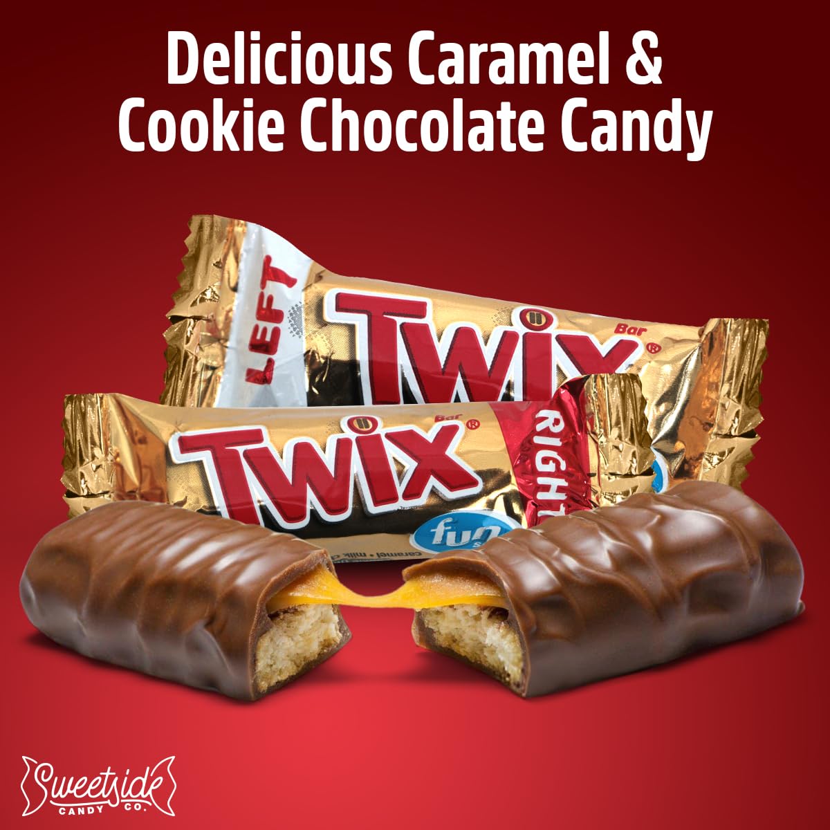 SWEETSIDE CANDY CO. close-up of individually wrapped Twix for convenient sharing