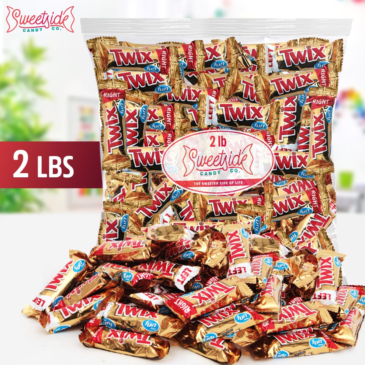 SWEETSIDE CANDY CO. unwrapped fun-size Twix bar showing chocolate and biscuit texture