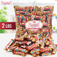 SWEETSIDE CANDY CO. unwrapped fun-size Twix bar showing chocolate and biscuit texture