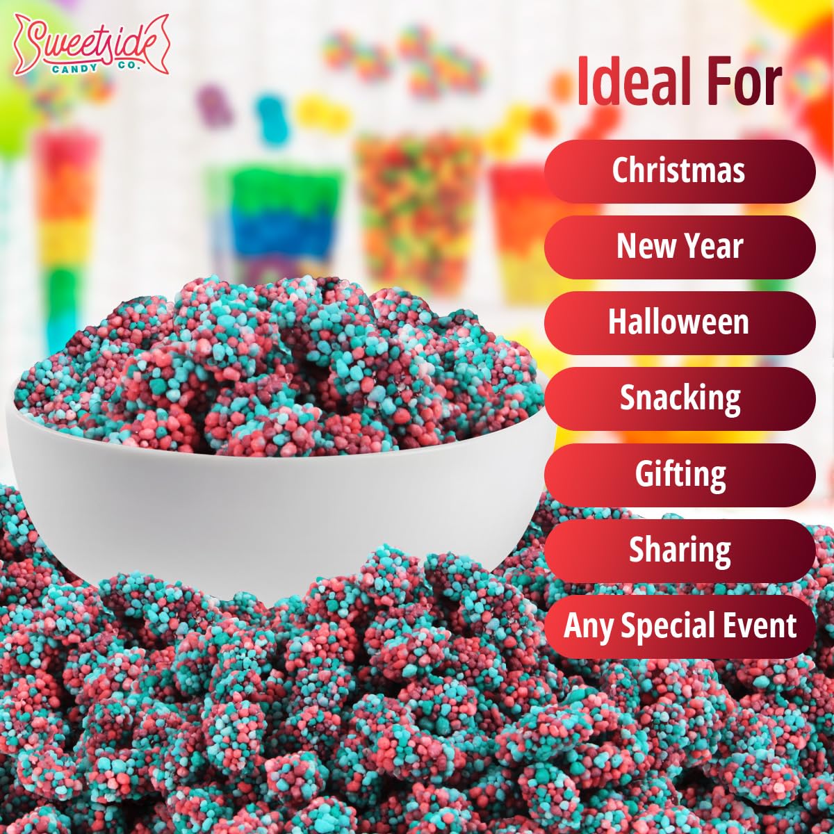 Serving bowl of Very Berry clusters in a living room scene showing SWEETSIDE CANDY CO. snackable enjoyment