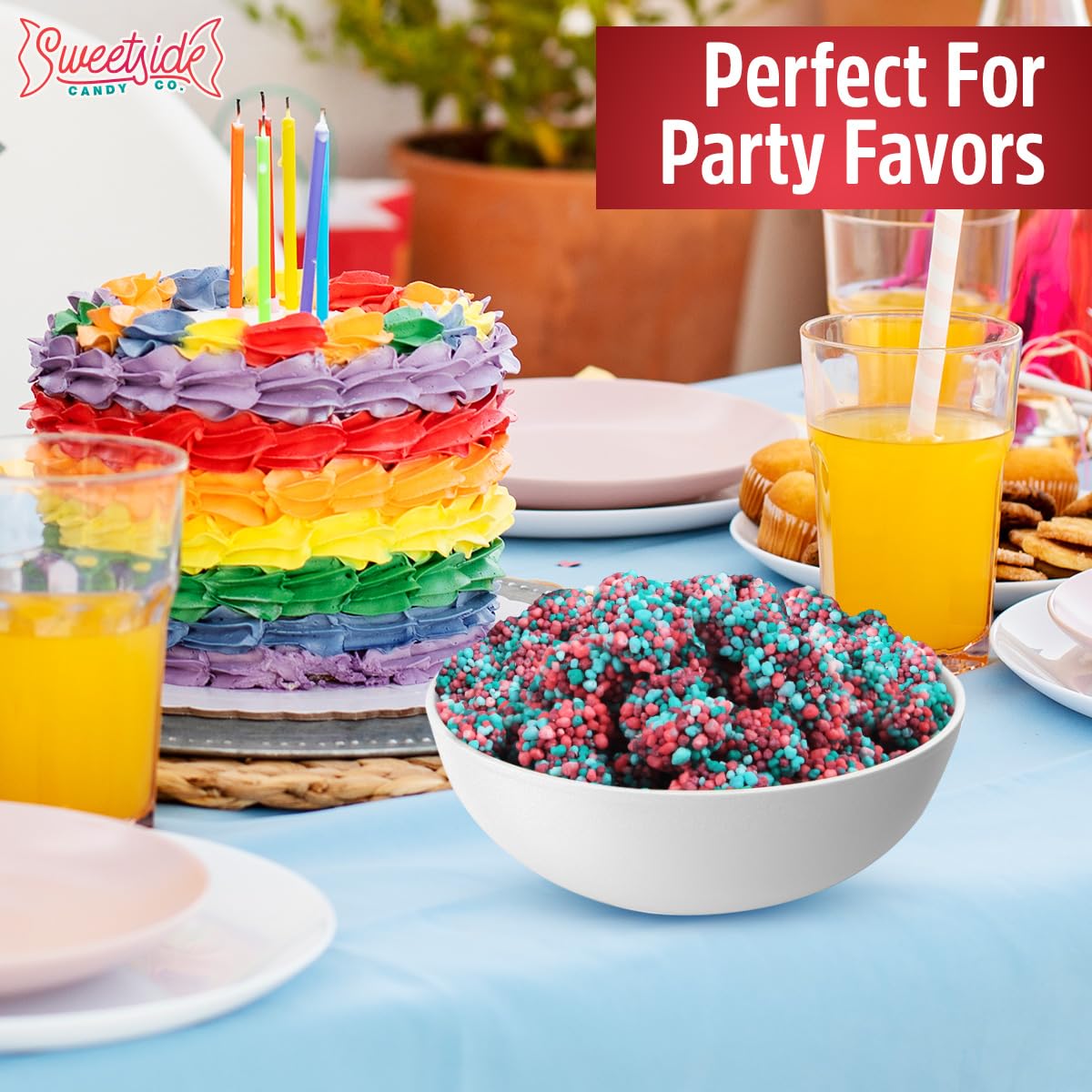 Candy table spread with clusters as centerpiece showing SWEETSIDE CANDY CO. party-ready appeal