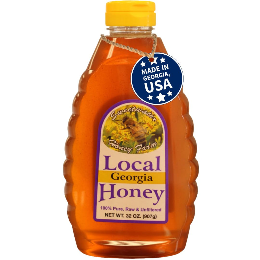Sweetwater Creek Honey Farm front label on 32oz jar showing brand and purity benefit
