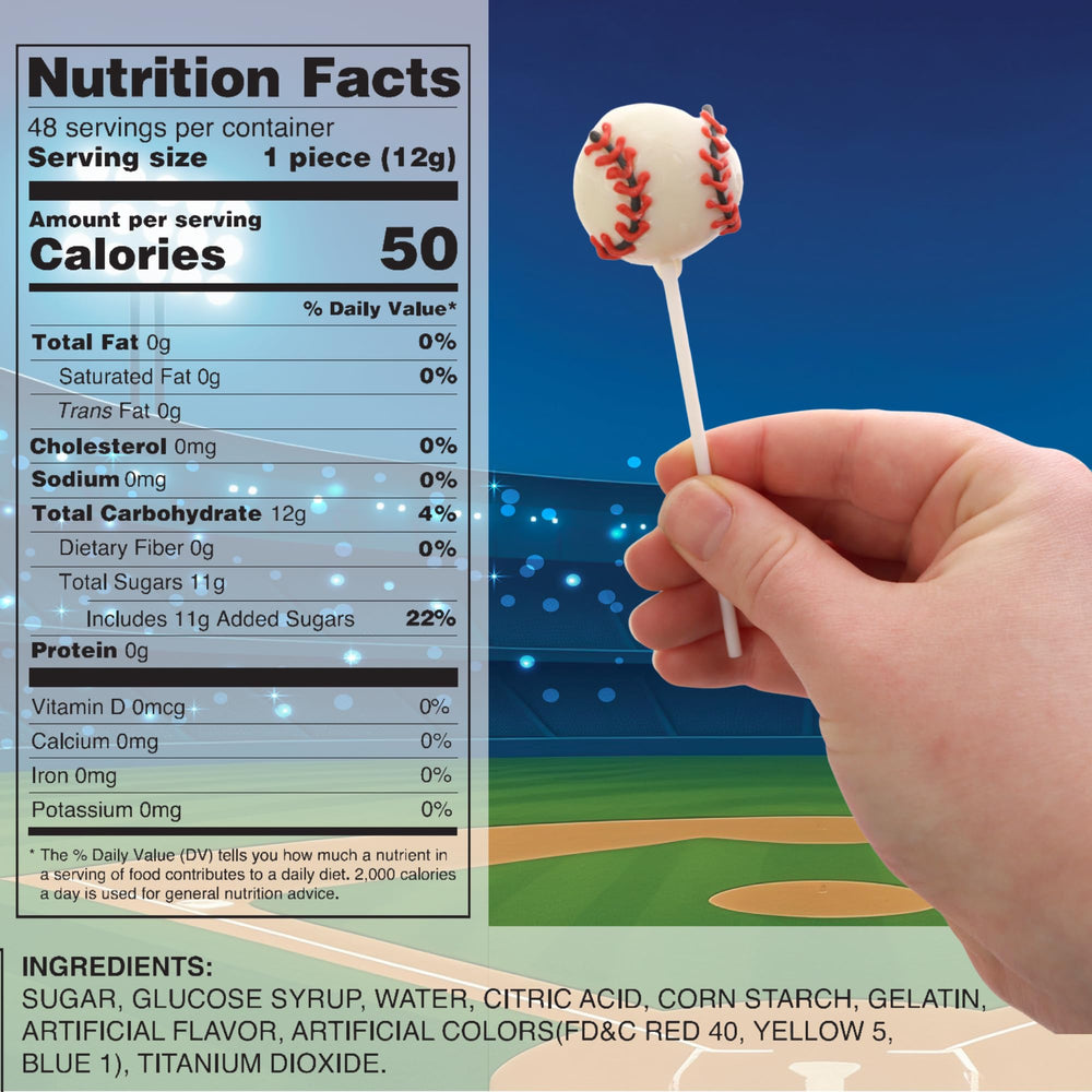 Sweetzo close-up of a baseball-shaped lollipop highlighting cherry flavor appeal