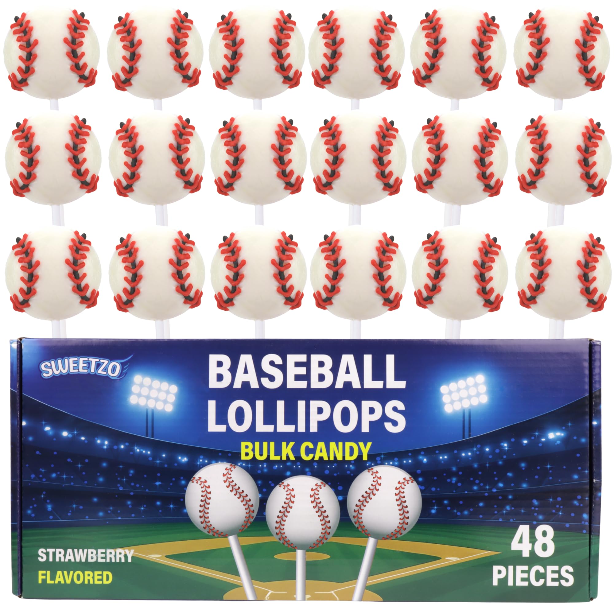 Sweetzo front packaging showing 48-count bulk baseball lollipops for easy stocking