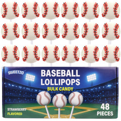 Sweetzo front packaging showing 48-count bulk baseball lollipops for easy stocking