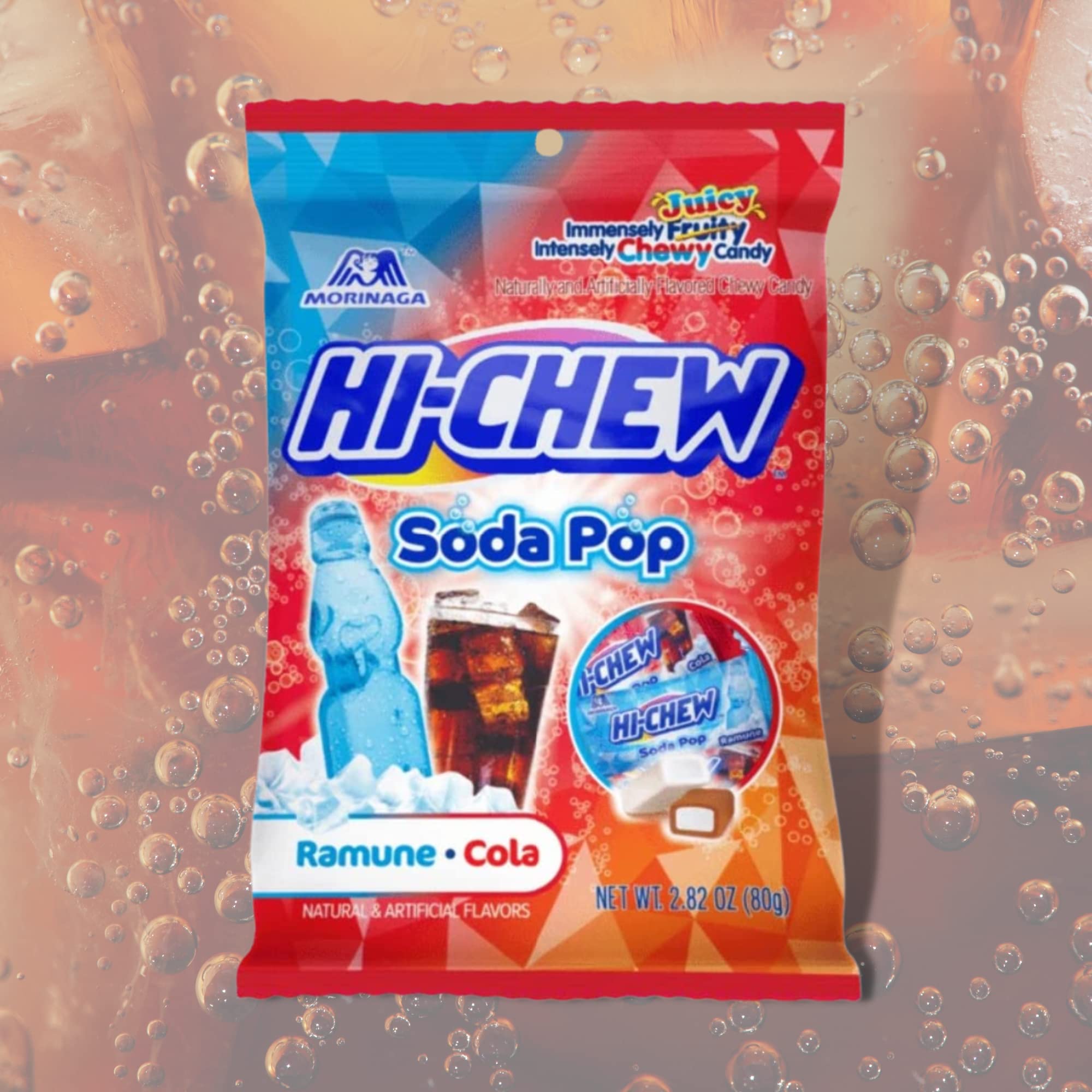 Sweetzo close-up of a cola HI-CHEW piece texture, chewy candy satisfying chew