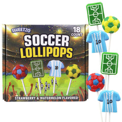 Sweetzo close-up of soccer ball lollipop displaying colorful print for instant theme recognition