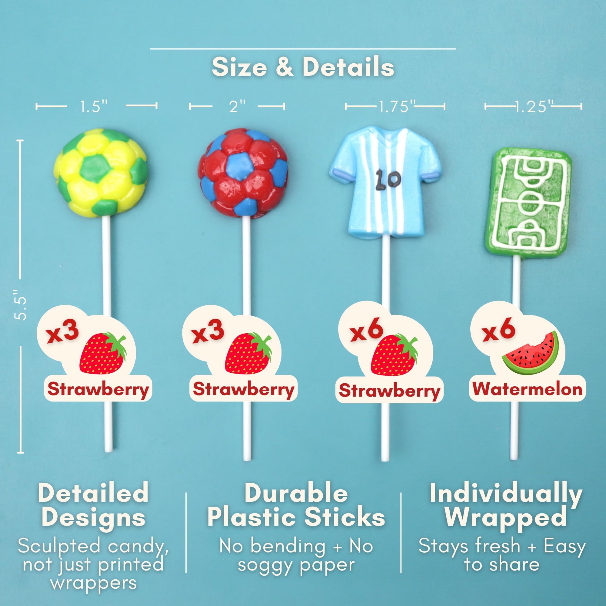 Sweetzo field-shaped lollipop texture showing clear graphics and durable candy finish for displays