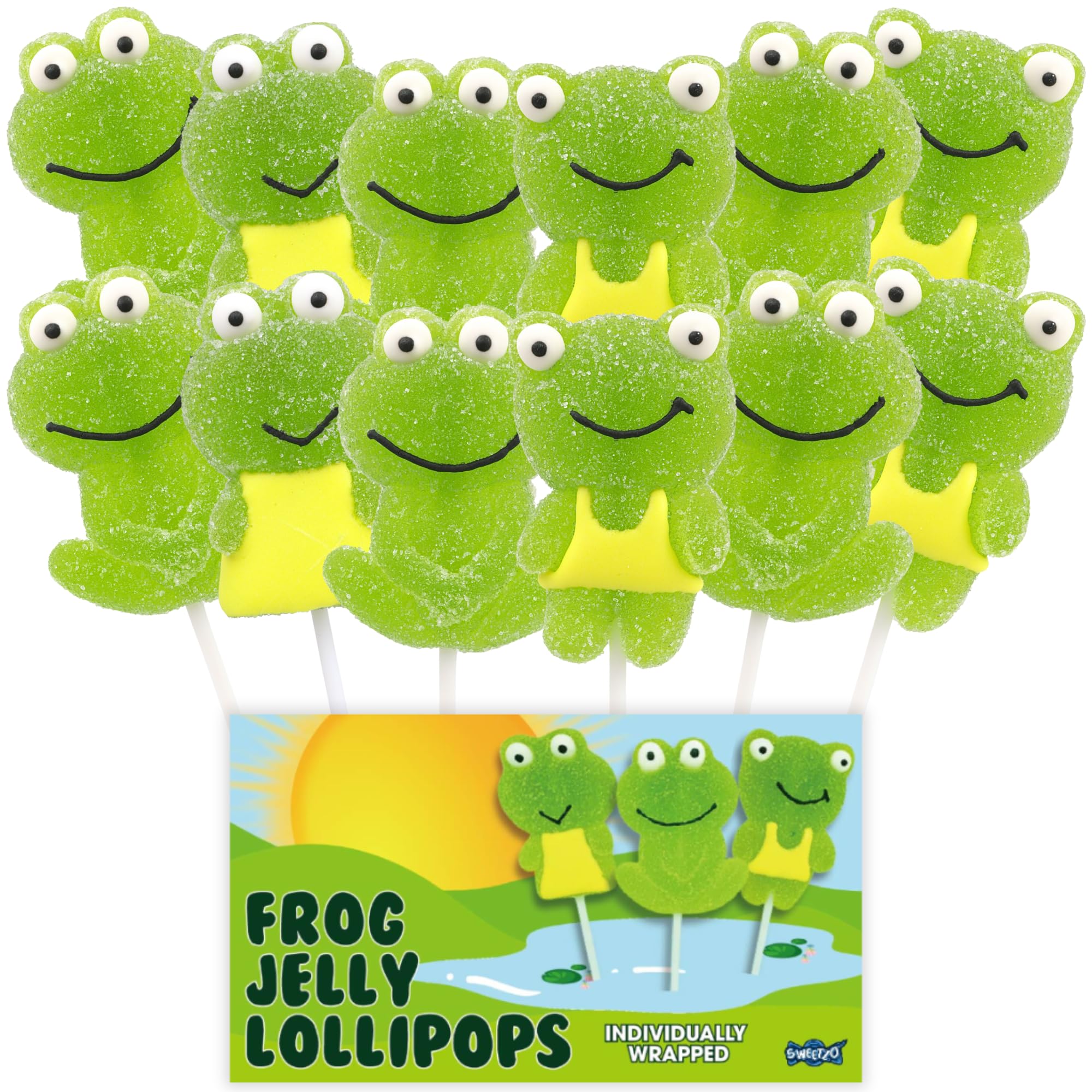 Sweetzo frog lollipop front packaging showing display box and 12-count appeal