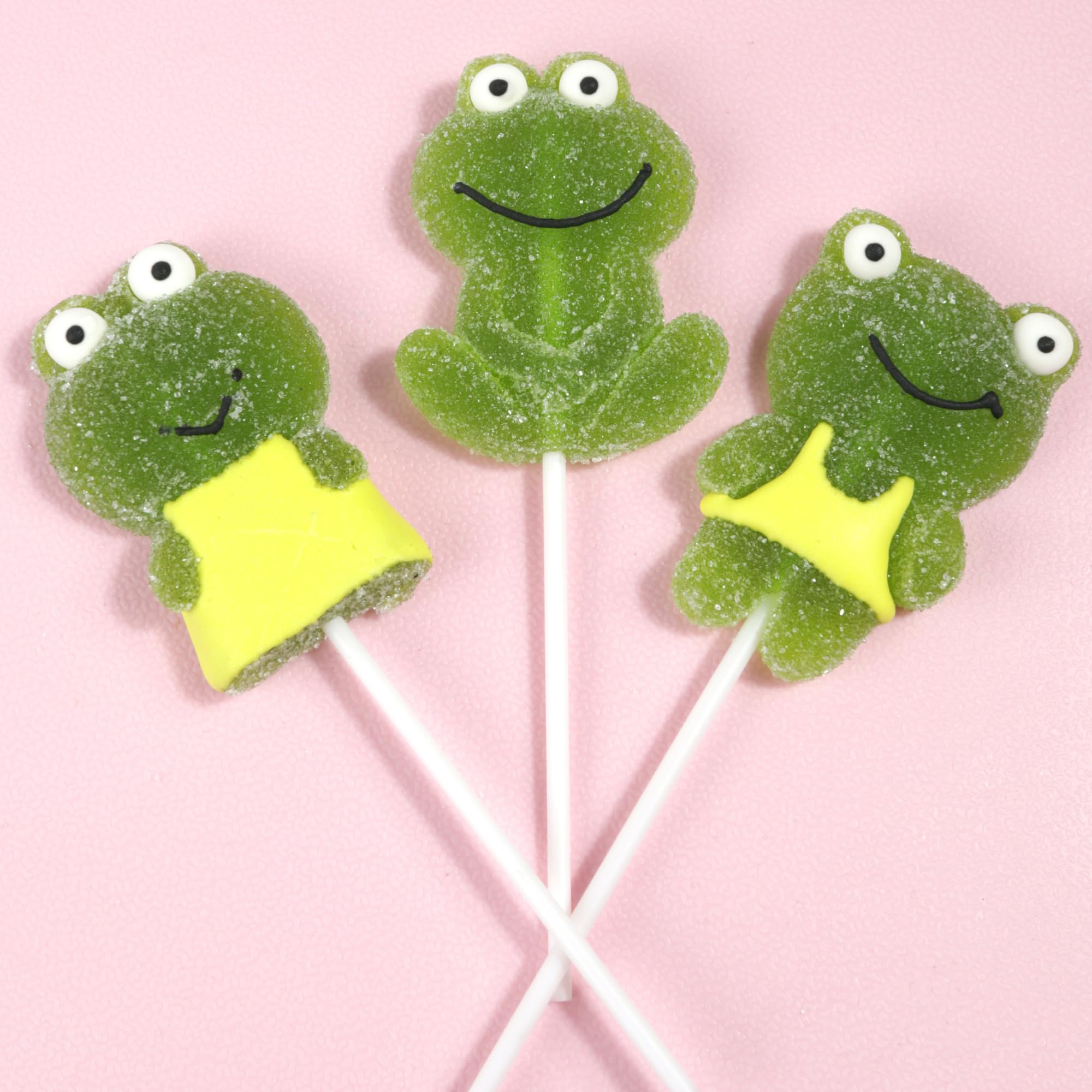 Sweetzo side profile of frog lollipop on stick for comfortable handling