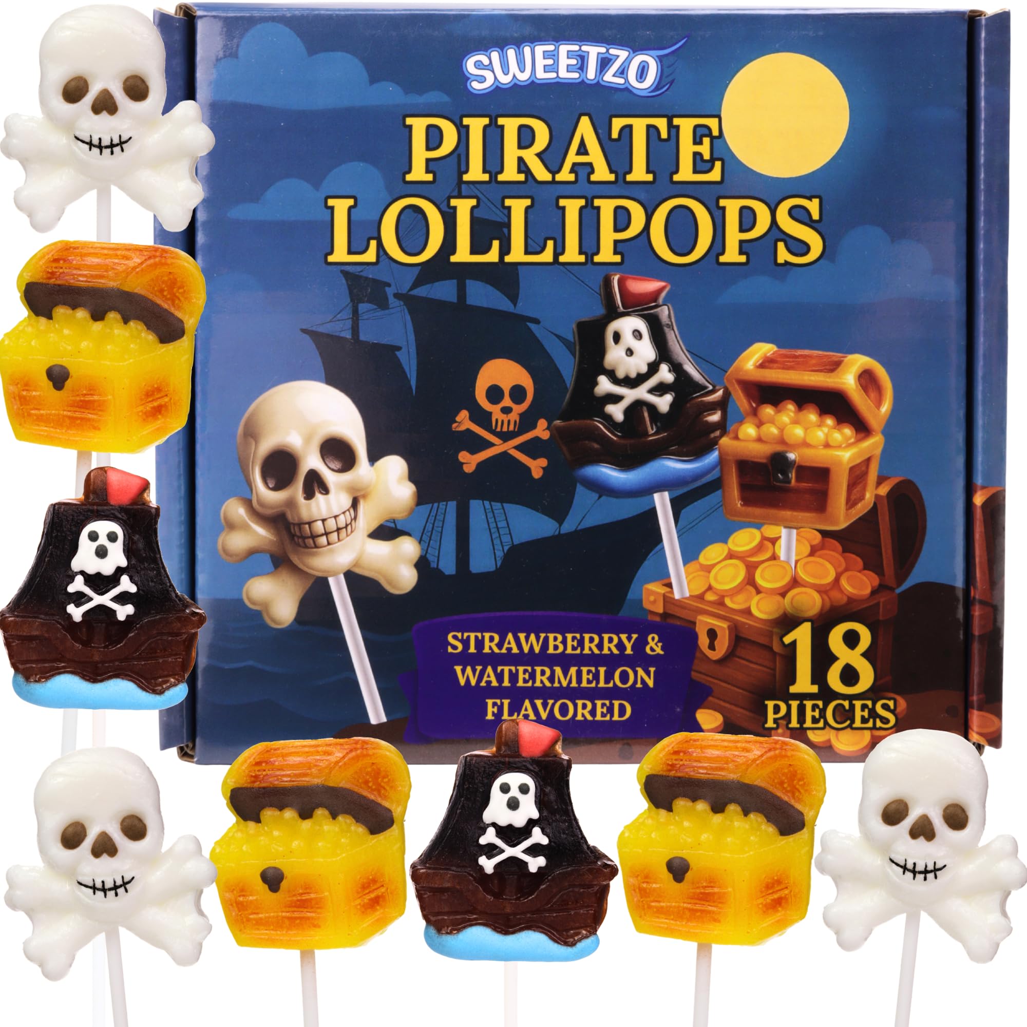 Sweetzo front package showing pirate lollipops and party-ready presentation