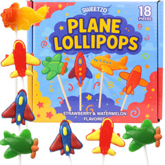 Sweetzo front packaging showing 18 colorful airplane lollipops and clear labeling for quick identification and purchase