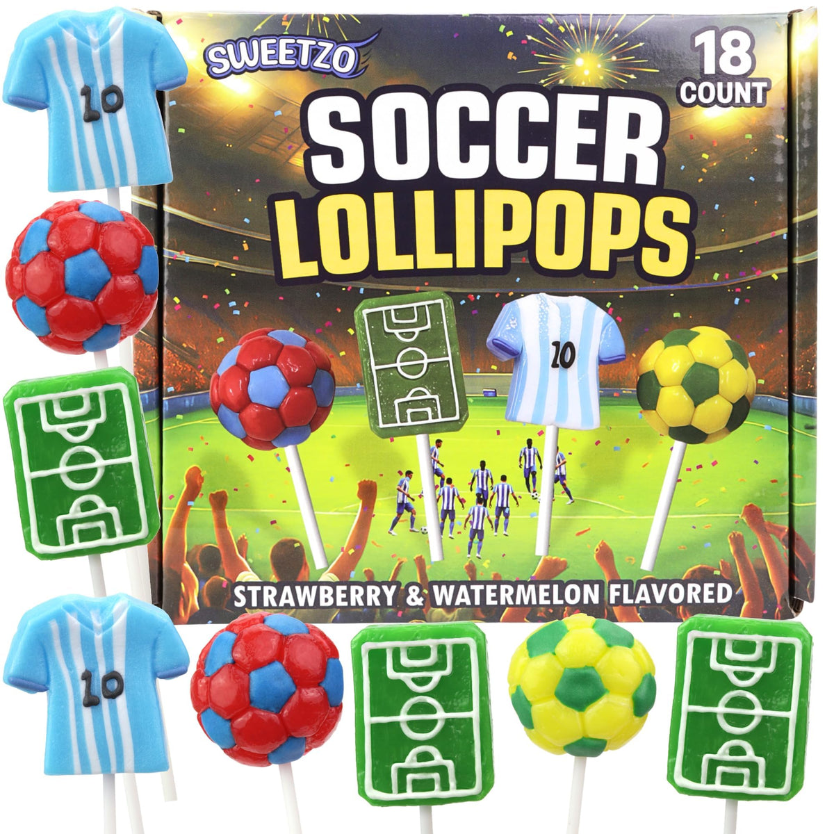 Sweetzo front packaging showing 18 soccer-themed lollipops and playful branding benefit: easy party fills