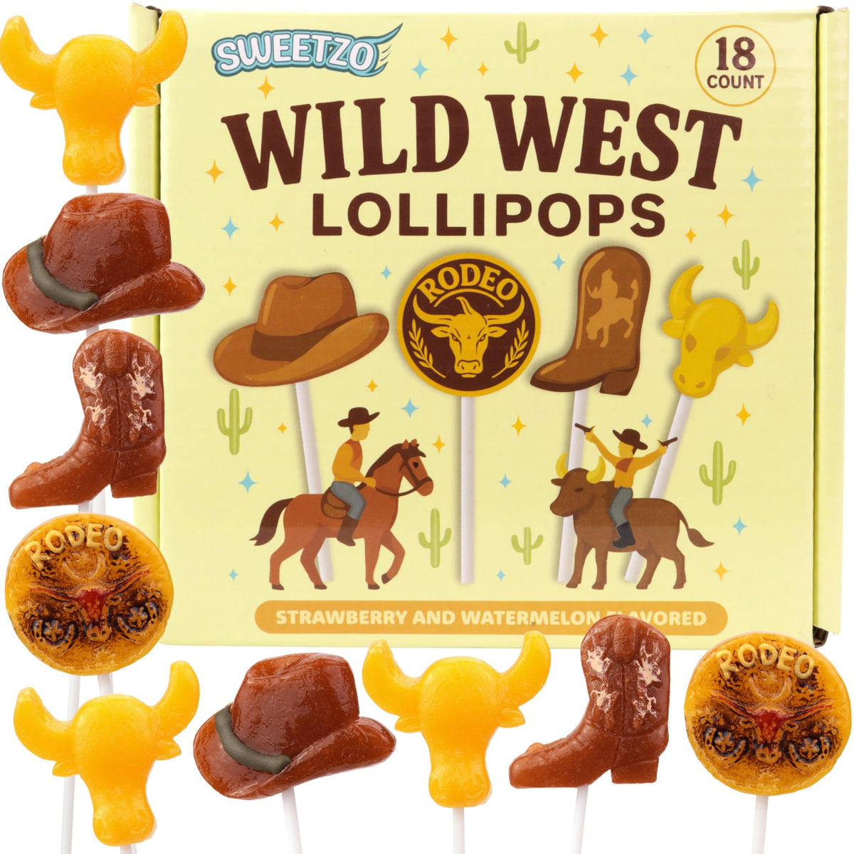 Sweetzo front packaging showing 18 Wild West lollipops, ready for parties