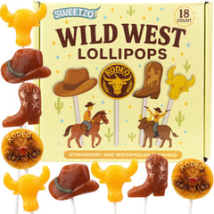 Sweetzo front packaging showing 18 Wild West lollipops, ready for parties