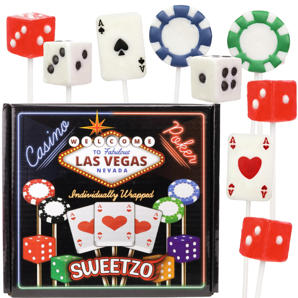 Sweetzo front packaging showing 24-count casino lollipops, great for parties