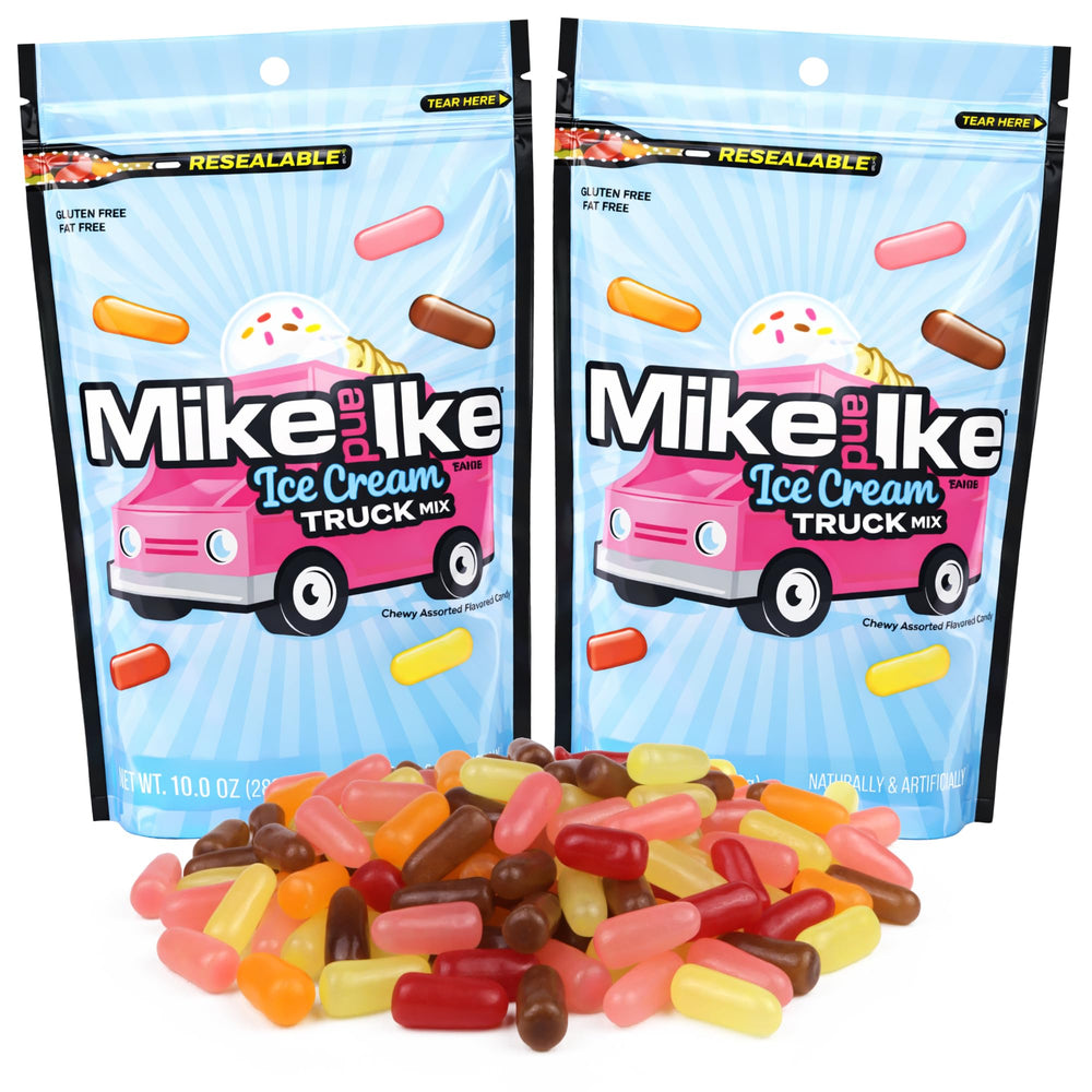 Sweetzo Mike and Ike front packaging showing resealable bag and colorful candies for easy serving